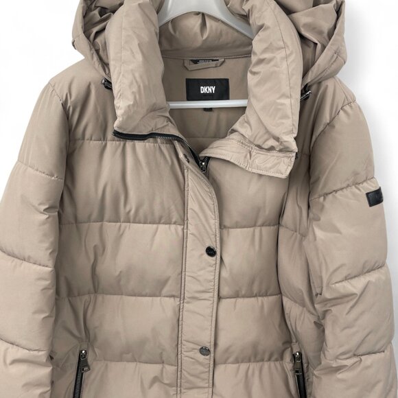 DKNY Long Hooded Puffer Winter Coat Jacket Parka Women's XL Beige Removable Hood - Picture 4 of 11